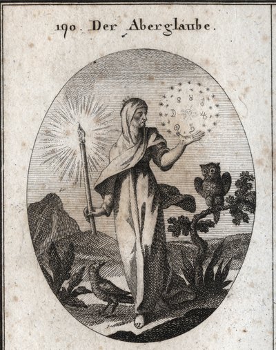 Alegoría de la superstición. Ella sostiene una vela encendida y un círculo de estrellas que rodea los signos de los siete planetas que considera ansiosos. Sus atributos son el búho y el cuervo. Grabado en “Iconologie oder Ideen aus dem Gebiete der Leidensc de Austrian School