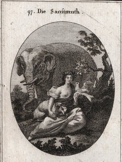 Alegoría de la dulzura o mansedumbre, corona de olivos como símbolo de paz. Su atributo es el elefante, representando la bondad del corazón, el cordero símbolo de mansedumbre y la paloma, emblema de dulzura. Grabado en "Iconologie oder Ideen aus dem Gebiet de Austrian School