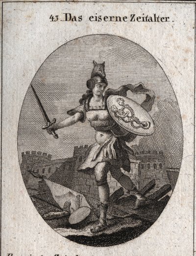 Alegoría de la Edad de Hierro caracterizada por la violencia, la mala fe y la traición. De apariencia feroz, está armada con un casco en la cabeza de un lobo, sostiene una espada y un escudo donde se representan el fraude y el vicio (sirena y serpiente con de Austrian School