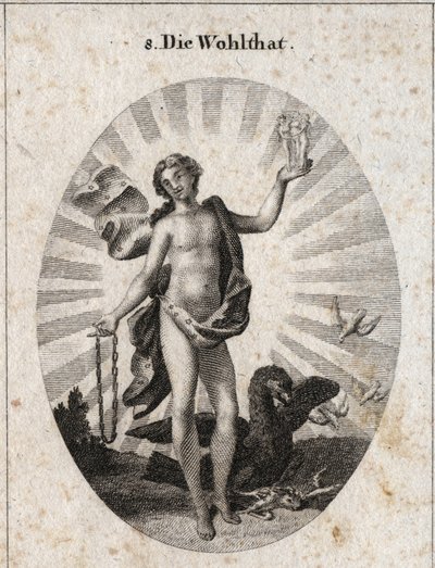 Alegoría de la bendición representada por un joven apuesto con una cara risueña. Su manto está salpicado de estrellas y está rodeado de rayos de luz, con una mano sostiene las gracias y con la otra una cadena de oro. El águila cerca de él comparte su presa de Austrian School