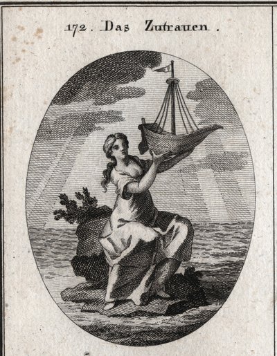 Alegoría de la confianza representada por una mujer sentada en un lugar en medio del mar y sosteniendo en su mano un barco que ha levantado. Grabado en “Iconologie oder Ideen aus dem Gebiete der Leidenschaften und Allegorien bildich dargestellt fur Zeichne de Austrian School