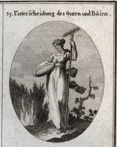 Alegoría de la distinción entre el bien y el mal. El tamiz separa el buen grano de la paja y el rastrillo se usa para quitar las malas hierbas. Grabado en “Iconologie oder Ideen aus dem Gebiete der Leidenschaften und Allegorien bildich dargestellt fur Zeic de Austrian School