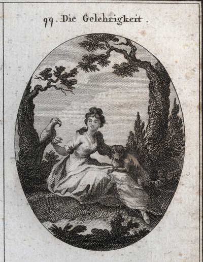 Alegoría de la docilidad. Sus atributos son el periquito y el perrito debido a su obediencia y deseo de agradar. Grabado en "Iconologie oder Ideen aus dem Gebiete der Leidenschaften und Allegorien bildich dargestellt fur Zeichner, Mahler, Dichter, Gelehrte de Austrian School