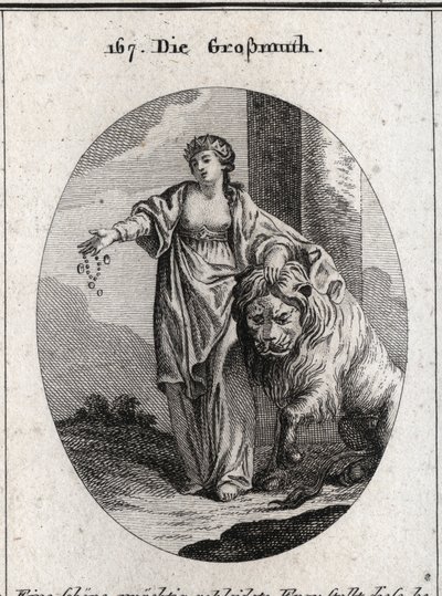Alegoría de la generosidad con una corona dorada en la cabeza y el pecho descubierto, designando la nobleza de sentimientos y sinceridad del corazón. Presenta joyas y oro en una mano y la otra descansa sobre un león acostado pacíficamente a sus pies. Graba de Austrian School