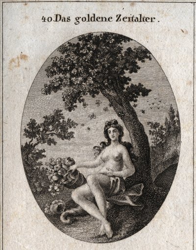 Alegoría de la edad de oro representada con un cuerno de abundancia de frutas, sentado junto a un olivo símbolo de paz en medio del cual hay un enjambre de abejas. Grabado en “Iconologie oder Ideen aus dem Gebiete der Leidenschaften und Allegorien bildich de Austrian School