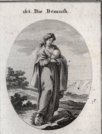 Alegoría de la humildad. Bajo su pie, una corona de oro enriquecida con piedras preciosas. Ella desdén considera una bola que representa la tierra de la cual ella pierde la grandeza. Grabado en "Iconologie oder Ideen aus dem Gebiete der Leidenschaften und  de Austrian School