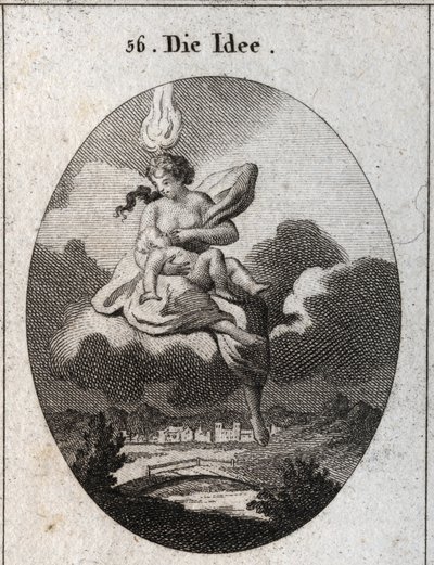 Alegoría de la idea representada con una llama en la cabeza y un círculo dorado en la frente, amamantando a un niño. Grabado en "Iconologie oder Ideen aus dem Gebiete der Leidenschaften und Allegorien bildich dargestellt fur Zeichner, Mahler, Dichter, Gele de Austrian School
