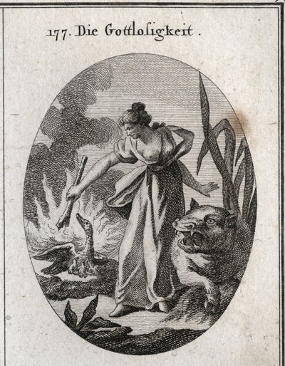 Alegoría de la impiedad sosteniendo una antorcha con la que quema un pelícano en su nido con sus crías. Su atributo es el hipopótamo. Grabado en “Iconologie oder Ideen aus dem Gebiete der Leidenschaften und Allegorien bildich dargestellt fur Zeichner, Mahl de Austrian School