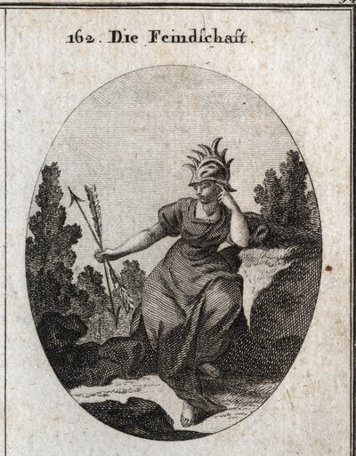 Alegoría de la enemistad con un casco adornado con puntas de hierro. Su vestido está cubierto de llamas. Las dos flechas que sostiene en direcciones opuestas son sinónimo de contradicción. Grabado en “Iconologie oder Ideen aus dem Gebiete der Leidenschafte de Austrian School