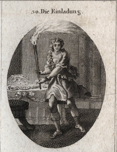 Alegoría de la invitación como un joven con rostro risueño invitando a una mesa cubierta de platos. La antorcha que sostiene es el atributo de Comus, dios de las fiestas y las fiestas nocturnas. Grabado en "Iconologie oder Ideen aus dem Gebiete der Leidens de Austrian School