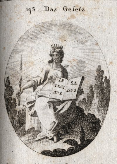 Alegoría de la ley. Su diadema radiante marca su origen divino. El cetro denota su autoridad y el libro está abierto o inscrito “In Legibus Salus” que significa que promete una recompensa a quienes la obedecen. Grabado en “Iconologie oder Ideen aus dem Geb de Austrian School