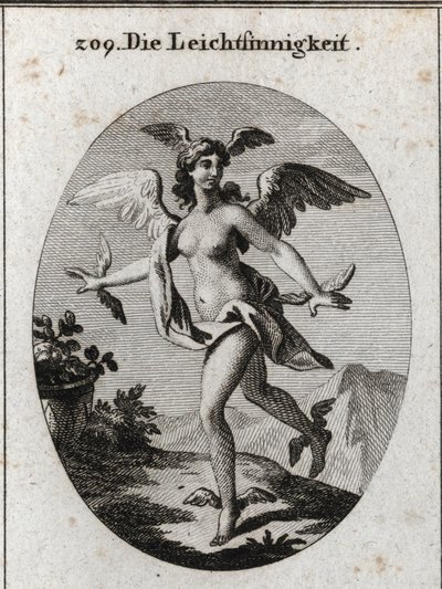 Alegoría de la luz. Tiene alas en su cabeza, hombros, pies y manos. Grabado en "Iconologie oder Ideen aus dem Gebiete der Leidenschaften und Allegorien bildich dargestellt fur Zeichner, Mahler, Dichter, Gelehrte, Erzieher und freunde Hoherer Geschmacksbild de Austrian School