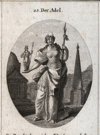 Alegoría de la nobleza. La estrella significa la elevación de los sentimientos. La estatua de Minerva y la lanza marcan que puede adquirir el mérito en ciencia y armas. Grabado en 