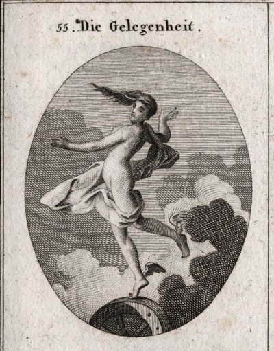 Alegoría de la ocasión. Con alas en los pies y cabello hacia adelante, se apoya ligeramente en una rueda. Grabado en “Iconologie oder Ideen aus dem Gebiete der Leidenschaften und Allegorien bildich dargestellt fur Zeichner, Mahler, Dichter, Gelehrte, Erzie de Austrian School