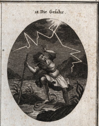 Alegoría del peligro representada por un joven que escapa de una corriente rápida pisando una serpiente que lo pica y al mismo tiempo un rayo cae detrás de él. Grabado en “Iconologie oder Ideen aus dem Gebiete der Leidenschaften und Allego de Austrian School