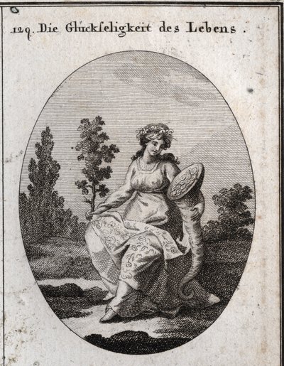Alegoría de la prosperidad de la vida. ricamente vestida y coronada con uvas y atributos de riqueza y abundancia. La rama de roble llena de hojas y frutos significa salud pero también solidez e incorruptibilidad. Grabado en “Iconologie oder Ideen aus dem G de Austrian School
