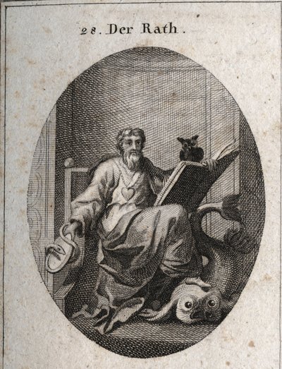 Alegoría del consejo representativo con una cadena de oro y un corazón, emblema de sinceridad. El libro y el búho simbolizan la penetración del conocimiento a través del estudio. El espejo rodeado por la serpiente es el símbolo de la precaución. El delfín  de Austrian School