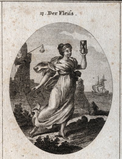 Alegoría de la diligencia representada caminando rápido. Sus atributos son el reloj de arena y la espuela símbolo de actividad y precisión. Grabado en "Iconologie oder Ideen aus dem Gebiete der Leidenschaften und Allegorien bildich dargestellt fur Zeichner de Austrian School