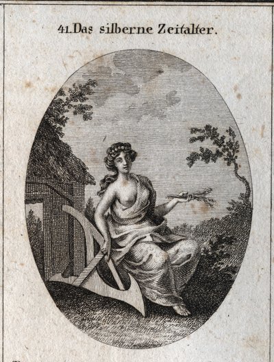 Alegoría de la edad de plata con un mango de espigas para cultivar la tierra y madera para hacer chozas. Grabado en Iconologie oder Ideen aus dem Gebiete der Leidenschaften und Allegorien bildich dargestellt fur Zeichner, Mahler, Dichter, Gelehrte, Erziehe de Austrian School