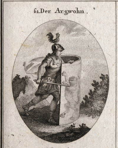 Alegoría de la sospecha cortada detrás de un escudo en el que se encuentra un león, símbolo de la sospecha según Aristóteles, y un gallo en el casco que representa la vigilancia. Grabado en "Iconologie oder Ideen aus dem Gebiete der Leidenschaften und Alle de Austrian School