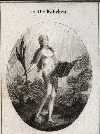 Alegoría de la verdad representada desnuda sin artificios y con aspecto natural mirando la luz del sol. La palma simboliza el triunfo del fraude y el libro representa el estudio. Grabado en “Iconologie oder Ideen aus dem Gebiete der Leidenschaften und Alle de Austrian School