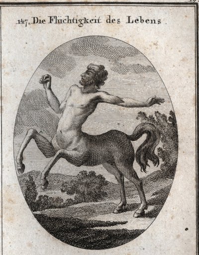 Alegoría de la velocidad de la vida humana representada por un centauro. Grabado en "Iconologie oder Ideen aus dem Gebiete der Leidenschaften und Allegorien bildich dargestellt fur Zeichner, Mahler, Dichter, Gelehrte, Erzieher und freunde Hoherer Geschmack de Austrian School