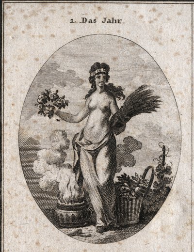 Alegoría del año rodeada de símbolos de las cuatro estaciones (guirnalda de flores para la primavera, guirnalda de trigo para el verano, cesta de uvas para el otoño y vaso de fuego para el invierno). El año está medio desnudo en referencia a los grados de  de Austrian School