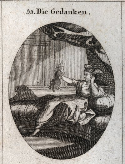 Alegoría de los pensamientos representada con alas en la cabeza y sosteniendo un montón de hilos enredados, imagen del embrollo que dan los diversos pensamientos. Grabado en "Iconologie oder Ideen aus dem Gebiete der Leidenschaften und Allegorien" de Austrian School