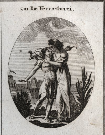 Alegoría de la traición. Una horrible anciana acaricia a un joven apuesto y al mismo tiempo se prepara para apuñalarlo. Grabado en “Iconologie oder Ideen aus dem Gebiete der Leidenschaften und Allegorien bildich dargestellt fur Zeichner, Mahler, Dichter, G de Austrian School