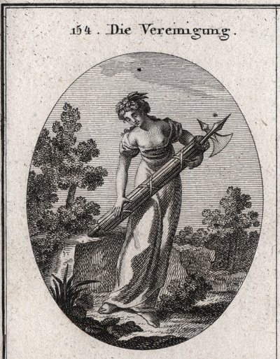 Alegoría de la unión. Coronada con olivo símbolo de paz, y alegría representando la alegría. Fluye sobre un montón de palos fuertemente atados sin doblar la imagen de fuerza y unión. Grabado en "Iconologie oder Ideen aus dem Gebiete der Leidenschaften und  de Austrian School