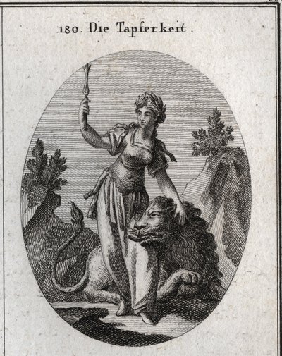 Alegoría del valor, coronada con laurel, acaricia a un león domesticado por ella. El alto cetro significa que su coraje la hace digna de mando. Grabado en “Iconologie oder Ideen aus dem Gebiete der Leidenschaften und Allegorien bildich dargestellt fur Zeic de Austrian School