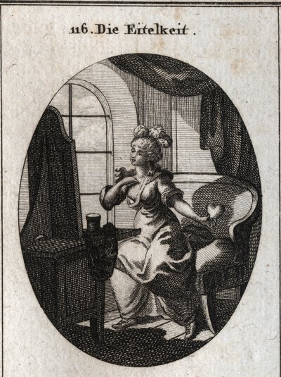 Alegoría de la vanidad. Deseando agradar y ser considerada, se representa frente a su tocador halagándose frente al espejo con un corazón en la mano. Grabado en "Iconologie oder Ideen aus dem Gebiete der Leidenschaften und Allegorien" de Austrian School