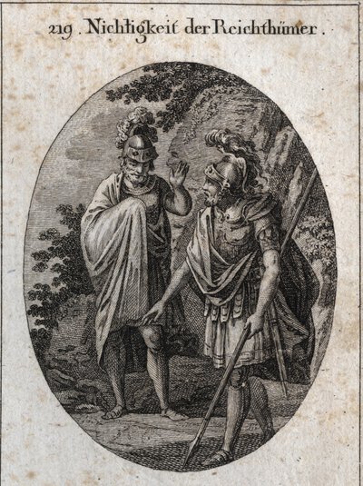Alegoría de la vanidad de las riquezas: el emperador Constantino el Grande traza en la tierra con su lanza un cuerpo humano y dice 