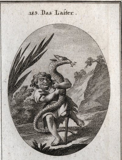 Alegoría del vicio representada por un enano apretando una hidra. Grabado en “Iconologie oder Ideen aus dem Gebiete der Leidenschaften und Allegorien bildlich dargestellt”. de Austrian School