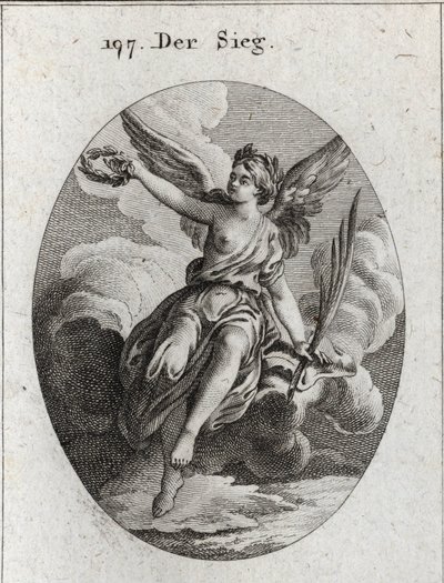 Alegoría de la victoria. Ella tiene alas y sostiene una palma y una corona de laurel. Grabado en “Iconologie oder Ideen aus dem Gebiete der Leidenschaften und Allegorien bildich dargestellt fur Zeichner, Mahler, Dichter, Gelehrte, Erzieher und freunde Hohe de Austrian School