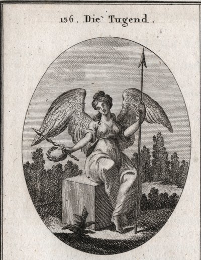 Alegoría de la virtud. El cubo de mármol sobre el que se sienta desea la solidez, y sus alas extendidas significan que se eleva por encima de lo vulgar. Grabado en “Iconologie oder Ideen aus dem Gebiete der Leidenschaften und Allegorien bildich dargestellt de Austrian School