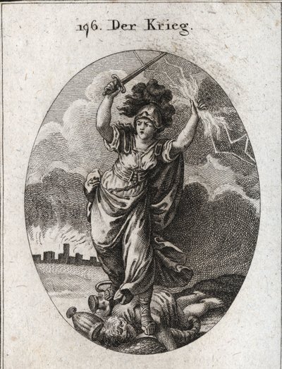 Alegoría de la guerra. Ella sostiene un rayo y una espada desnuda y rompe bajo sus pies jarrones de oro y plata y una estatua del dios Plutus que está simbolizada por un cuerno de la abundancia y una venda. Al fondo, las murallas de una ciudad en ruinas. G de Austrian School