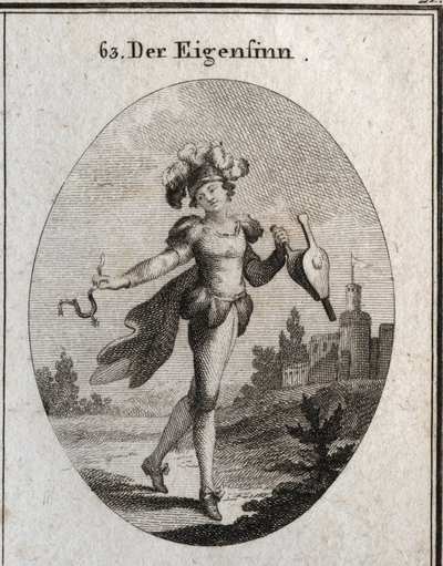 Alegoría del capricho. Su traje y plumas marcan la inconstancia de las fantasías del caprichoso. El fuelle y la espuela que sostiene muestran que alaba tanto la virtud como el vicio indiferentemente. Grabado en “Iconologie oder Ideen aus dem Gebiete der Le de Austrian School