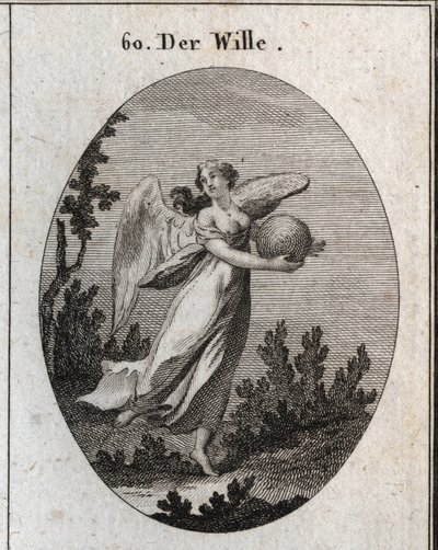 Alegoría de la voluntad. Ella está representada con alas y sosteniendo una bola de diferentes colores. Grabado en "Iconologie oder Ideen aus dem Gebiete der Leidenschaften und Allegorien" de Austrian School