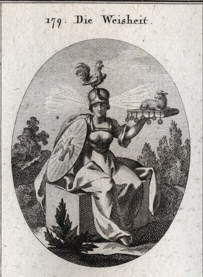 Alegoría de la sabiduría. Su vestimenta y sus armas blancas definen su fuerza y pureza. El gallo en su casco es el símbolo de su inteligencia y vigilancia. Los rayos de luz que salen de sus sienes significan dignidad y santidad. El firme libro de siete de Austrian School