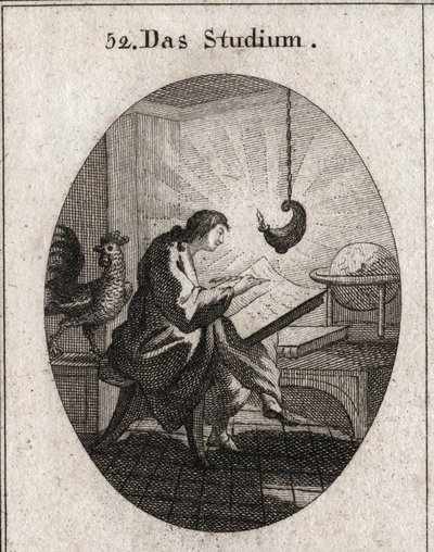 Alegoría de la escritura en un escritorio iluminado por la luz. El gallo es el atributo de la vigilancia. Grabado en "Iconologie oder Ideen aus dem Gebiete der Leidenschaften und Allegorien" de Austrian School