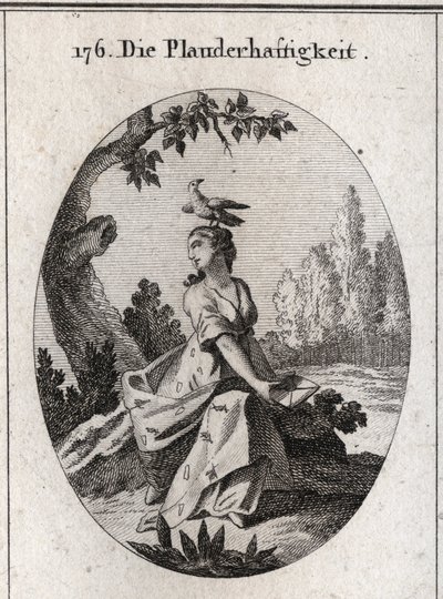 Alegoría de Babilonia. Su vestimenta está llena de cigarras y lenguas. Su atributo es el cuervo. Grabado en “Iconologie oder Ideen aus dem Gebiete der Leidenschaften und Allegorien bildlich dargestellt”. de Austrian School