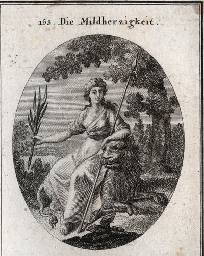 Alegoría de la clemencia. Ella está representada sosteniendo una lanza y una rama de olivo para indicar que tiene el poder de castigar pero también de perdonar. El león es el atributo de la generosidad. Grabado en "Iconologie oder Ideen aus dem Gebiete der de Austrian School