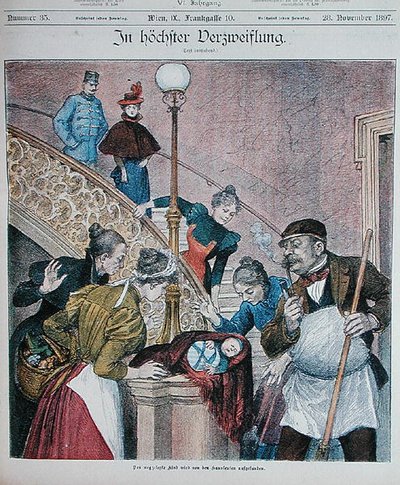 Portada de una revista austriaca que muestra un bebé abandonado en una escalera de un bloque de pisos, 28 de noviembre de 1897 de Austrian School