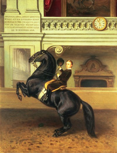 Príncipe Heredero Rodolfo de Austria (1858-89) a caballo en la Escuela de Equitación de Invierno de la Hofburg, Viena, 1870 de Austrian School