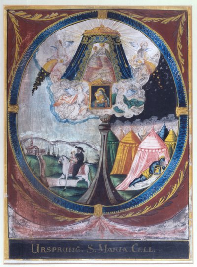 Representación del monje Magnus trayendo la estatua milagrosa de madera de la Virgen María a Mariazell en 1157 y de la aparición de Nuestra Señora a un caballero dormido de Austrian School