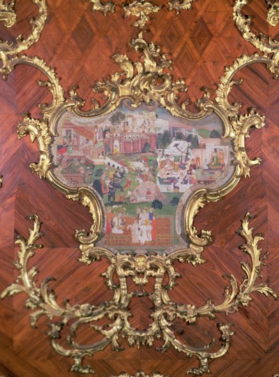 (detalle) de paneles con incrustaciones de miniaturas persas de un jardín de placer con personas festejando del Millionen-Zimmer, ideado por Nikolaus Pacassi (1716-99) (madera dorada) de Austrian School