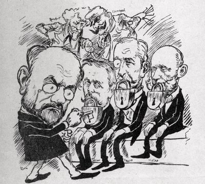 Emile Zola intenta desbloquear las cerraduras que cierran las bocas de los presidentes Jean Casimir-Perier (1847-1907) y Felix Faure (1841-1899) así como del presidente del Consejo Jules Meline (1838-1925), mientras que en el fondo, Henri Rochefort (1831-1 de Austrian School