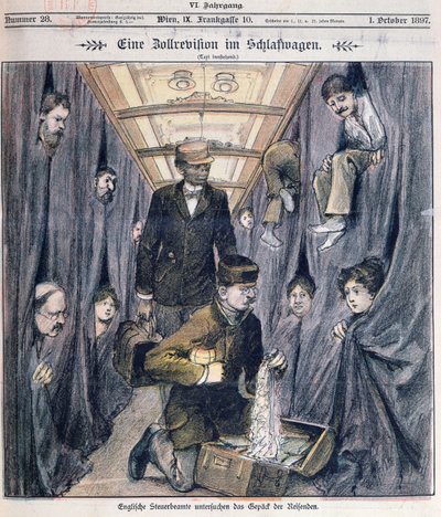 Funcionarios de aduanas ingleses examinando equipaje en un coche cama de Austrian School