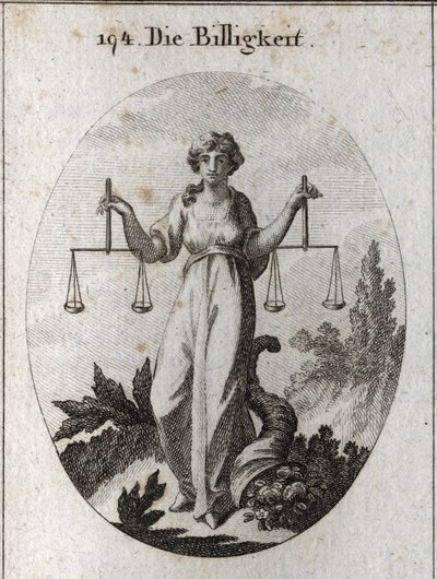 Alegoría de la equidad sosteniendo dos balanzas a la misma altura. Su atributo es el cuerno de la abundancia para mostrar que recompensa con bondad después de haber juzgado correctamente. Grabado en 